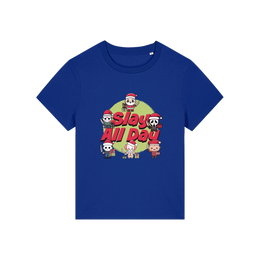 blue christmas t-shirt with the graphic of some popular horror movie characters with santa and the slogan 'slay all day'