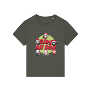 khaki christmas t-shirt with the graphic of some popular horror movie characters with santa and the slogan 'slay all day'
