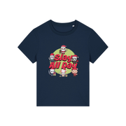 navy christmas t-shirt with the graphic of some popular horror movie characters with santa and the slogan 'slay all day'