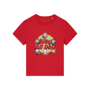 red christmas t-shirt with the graphic of some popular horror movie characters with santa and the slogan 'slay all day'