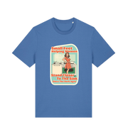 blue funny offensive t-shirt with the graphic of a retro housewife stood in a kitchen and the slogan 'small feet helping women stand closer to the sink since the dark ages'