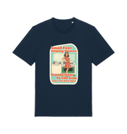 navy funny offensive t-shirt with the graphic of a retro housewife stood in a kitchen and the slogan 'small feet helping women stand closer to the sink since the dark ages'