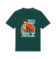 green funny graphic t-shirt with a man pointing his fingers and the slogan 'you're either a smart fella or a fart smella'