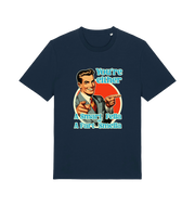navy funny graphic t-shirt with a man pointing his fingers and the slogan 'you're either a smart fella or a fart smella'