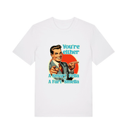 white funny graphic t-shirt with a man pointing his fingers and the slogan 'you're either a smart fella or a fart smella'