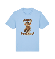light blue funny animal t-shirt with the graphic of a bull sat on the toilet and the slogan 'i smell bullshit'