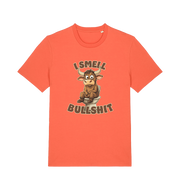 orange funny animal t-shirt with the graphic of a bull sat on the toilet and the slogan 'i smell bullshit'