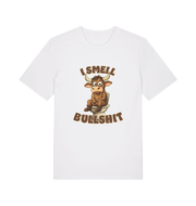 white funny animal t-shirt with the graphic of a bull sat on the toilet and the slogan 'i smell bullshit'