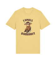 yellow funny animal t-shirt with the graphic of a bull sat on the toilet and the slogan 'i smell bullshit'
