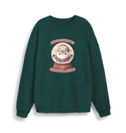 green christmas sweater with the graphic of santa in a snowglobe and the slogan 'surrounded by snowflakes'