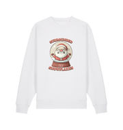 white christmas sweater with the graphic of santa in a snowglobe and the slogan 'surrounded by snowflakes'