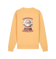 yellow christmas sweater with the graphic of santa in a snowglobe and the slogan 'surrounded by snowflakes'
