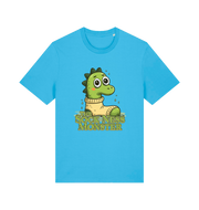 blue animal t-shirt with the graphic of nessie in a sock and the slogan 'the sock ness monster'