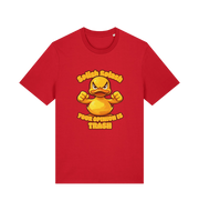 red funny offensive t-shirt with the graphic of a cartoon duck and the slogan 'splish splash your opinion is trash'