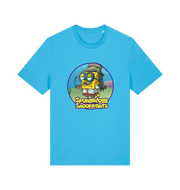 blue funny music t-shirt featuring a cartoon sponge dressed like snoop dogg and the slogan 'spongedogg snooppants'
