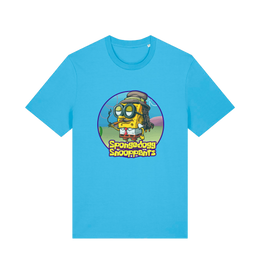 blue funny music t-shirt featuring a cartoon sponge dressed like snoop dogg and the slogan 'spongedogg snooppants'