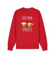 red christmas sweater with the graphic of two sprouts wearing santa hats and the slogan 'love your sprouts'
