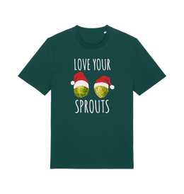 green christmas t-shirt with the graphic of two sprouts awearing santa hats and the slogan 'love your sprouts'