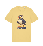 yellow funny animal t-shirt with the graphic of a puffin and the slogan 'stud puffin'