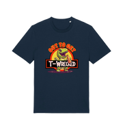 navy funny t-shirt with the graphic of a dinosuar drinking beer and the slogan 'out to get t-wrecked'