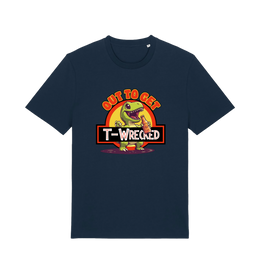 navy funny t-shirt with the graphic of a dinosuar drinking beer and the slogan 'out to get t-wrecked'