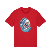 red shark t-shirt with the graphic of a skeleton in a sharks mouth and the slogan 'talk shit get bit'