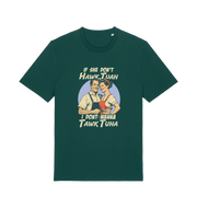 green funny t-shirt with the graphic of a retro married couple and the slogan 'if she don't hawk tuah i don't wanna talk to her'