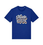 blue slogan t-shirt with 'made in the 70's'