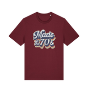 burgundy slogan t-shirt with 'made in the 70's'
