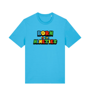 blue slogan t-shirt with 'born in the nineties'