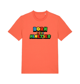 orange slogan t-shirt with 'born in the nineties'