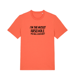 orange rude t-shirt with the slogan 'i'm the nicest arsehole you will ever meet'