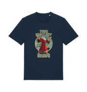 navy funny jesus t-shirt with the graphic of a robed man and the slogan 'thou shalt not shave'