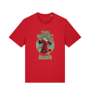 red funny jesus t-shirt with the graphic of a robed man and the slogan 'thou shalt not shave'