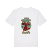 white funny jesus t-shirt with the graphic of a robed man and the slogan 'thou shalt not shave'