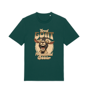green funny offensive t-shirt with the graphic of a goat and the slogan 'throat goat professional gobbler'