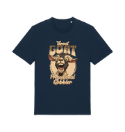 navy funny offensive t-shirt with the graphic of a goat and the slogan 'throat goat professional gobbler'