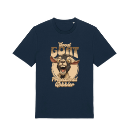 navy funny offensive t-shirt with the graphic of a goat and the slogan 'throat goat professional gobbler'