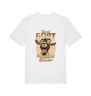 white funny offensive t-shirt with the graphic of a goat and the slogan 'throat goat professional gobbler'
