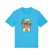 blue graphic t-shirt with a skeleton sat on an inflatable and the slogan 'tiki paty'