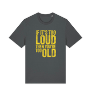 grey funny slogan t-shirt with 'if it's too loud then you're too old'