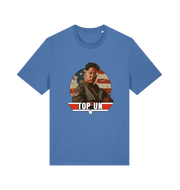 blue offensive t-shirt with the graphic of a north korean leader and the slogan 'top un'