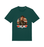 green offensive t-shirt with the graphic of a north korean leader and the slogan 'top un'
