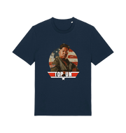 navy offensive t-shirt with the graphic of a north korean leader and the slogan 'top un'