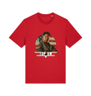 red offensive t-shirt with the graphic of a north korean leader and the slogan 'top un'