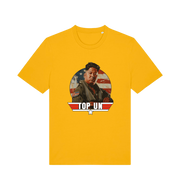 yellow offensive t-shirt with the graphic of a north korean leader and the slogan 'top un'