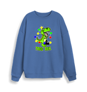 blue christmas sweater with the graphic of a dinosaur and the slogan 'tree rex'