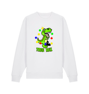 white christmas sweater with the graphic of a dinosaur and the slogan 'tree rex'