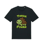 black animal t-shirt with the graphic of a cartoon turtle with a poop emoji for a shell and the slogan 'turdle power'