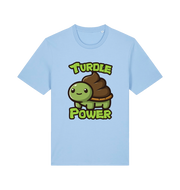 light blue animal t-shirt with the graphic of a cartoon turtle with a poop emoji for a shell and the slogan 'turdle power'